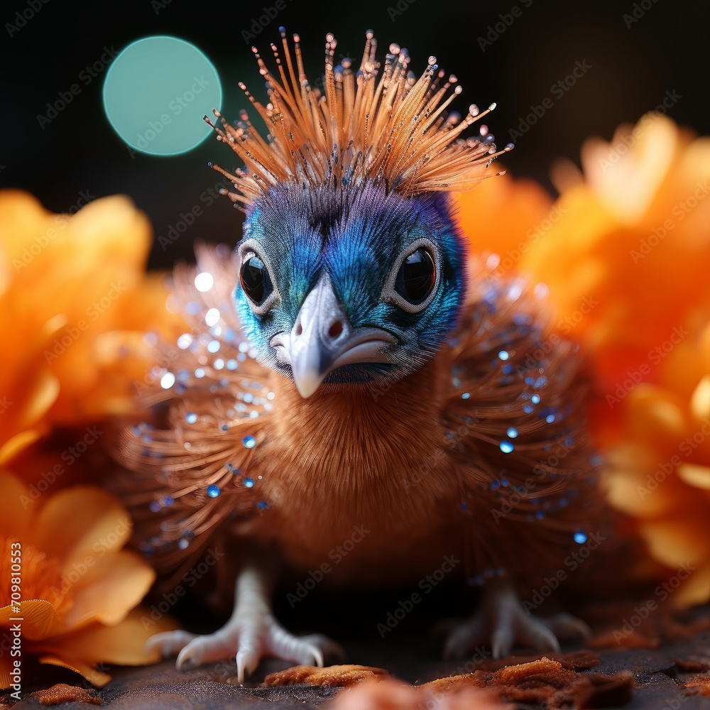 Photo of a baby peacock chick displaying its tiny feathers. Generative AI