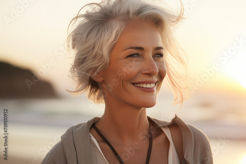 Happy beautiful mature senior woman smile and enjoy nature and beach in outdoor leisure activity alone. Wellbeing and feeling mindful lifestyle female people with long whit4 hair looking away holiday