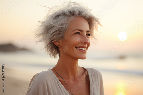 Happy beautiful mature senior woman smile and enjoy nature and beach in outdoor leisure activity alone. Wellbeing and feeling mindful lifestyle female people with long whit4 hair looking away holiday