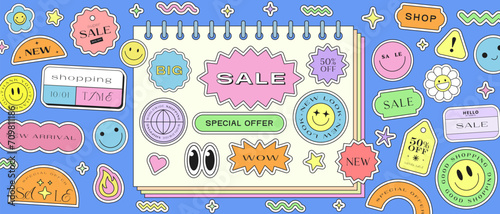 Cool Sale Stickers Collage Vector Design Banner. Trendy Y2k Special Offer Shop Patches Illustration.