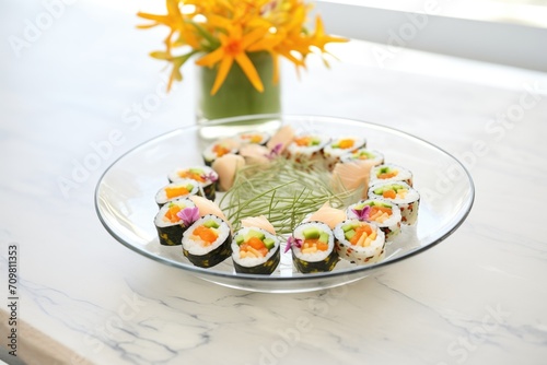 sushi rolls with cream cheese and chives on a glass dish