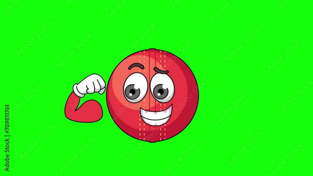 Flexing muscle of cricket ball cartoon, strong pose mascot animation on a green screen Flexing muscle of cricket ball cartoon, strong pose mascot animation on a green screen