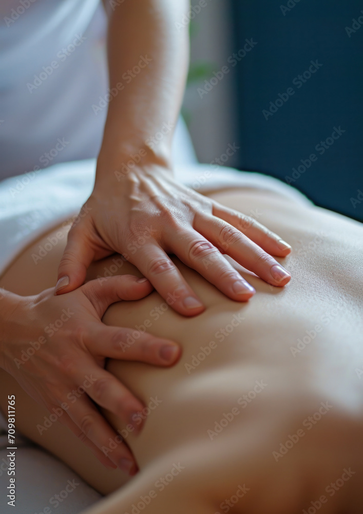 Spa massage and back treatment for relaxation and tranquility. Close-up kinesitherapy session for attractive middle-aged female patients Spa massage and back treatment for relaxation and tranquility. Close-up kinesitherapy session for attractive middle-aged female patients