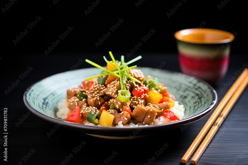 plated sweet and sour pork garnished with sesame seeds plated sweet and sour pork garnished with sesame seeds