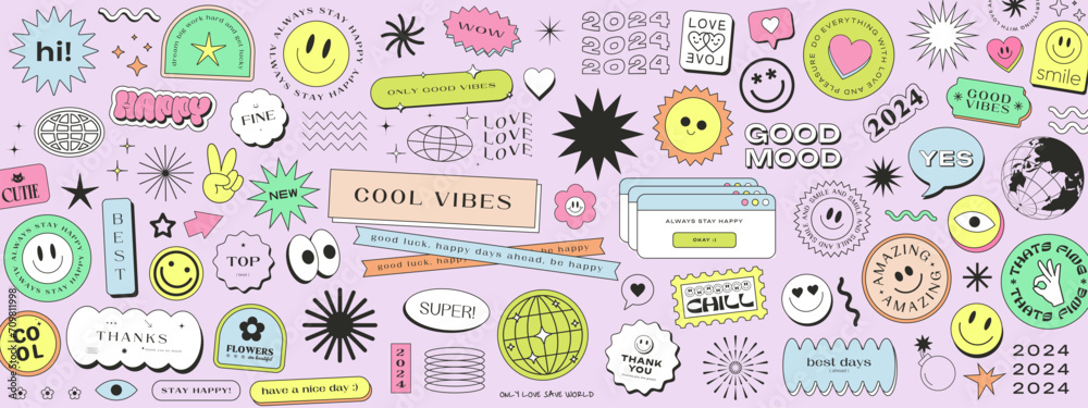 Cool Trendy Y2k Stickers Collage Pattern. Smile Emoticon Patches Vector Design. Pop Art Illustration. - obrazy, fototapety, plakaty 