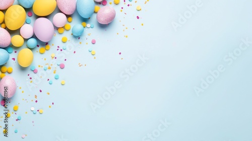 Easter Decor Concept: Vibrant Top View Photo of Yellow, Pink, and Blue Eggs with Sprinkles on Isolated Pastel Blue Background – Festive Holiday Celebration Composition with Blank Space