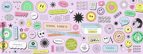 Cool Trendy Y2k Stickers Collage Pattern. Smile Emoticon Patches Vector Design. Pop Art Illustration. photo