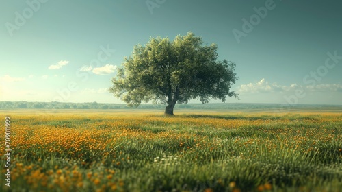 A tree in a field in spring.