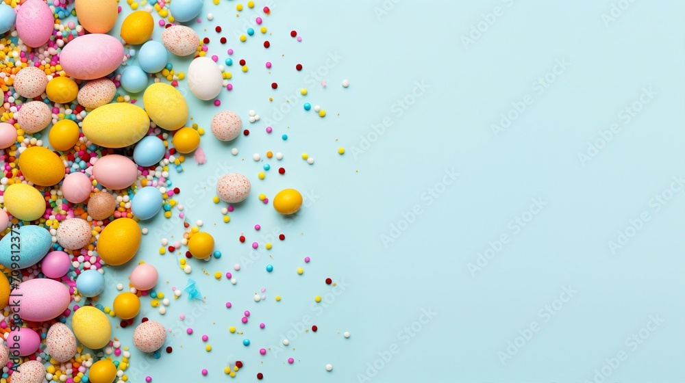 Easter Decor Concept: Vibrant Top View Photo of Yellow, Pink, and Blue Eggs with Sprinkles on Isolated Pastel Blue Background – Festive Holiday Celebration Composition with Blank Space Easter Decor Concept: Vibrant Top View Photo of Yellow, Pink, and Blue Eggs with Sprinkles on Isolated Pastel Blue Background – Festive Holiday Celebration Composition with Blank Space