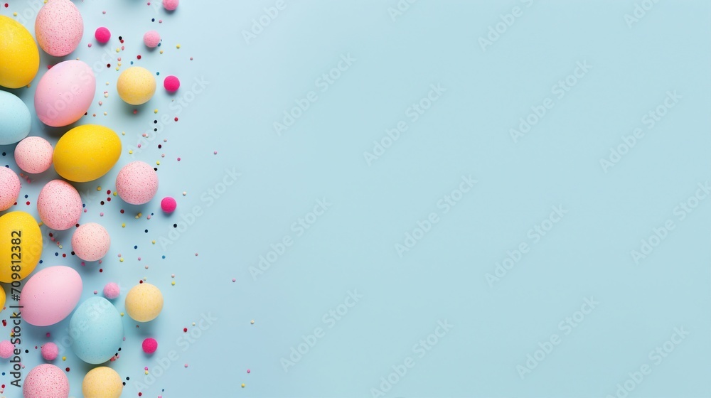 Easter Decor Concept: Vibrant Top View Photo of Yellow, Pink, and Blue Eggs with Sprinkles on Isolated Pastel Blue Background – Festive Holiday Celebration Composition with Blank Space Easter Decor Concept: Vibrant Top View Photo of Yellow, Pink, and Blue Eggs with Sprinkles on Isolated Pastel Blue Background – Festive Holiday Celebration Composition with Blank Space
