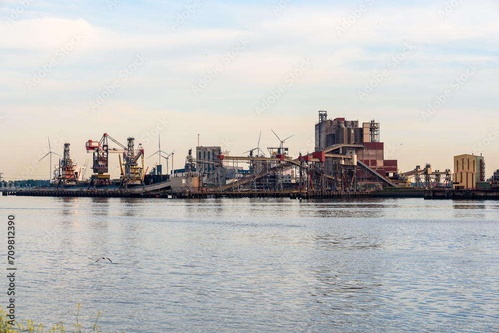 Dry bulk terminal in a seaport at sunset in summer