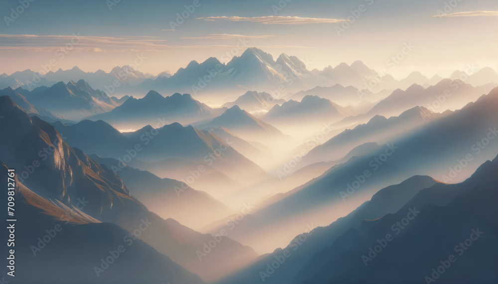 Misty mountain layers bathed in warm sunrise hues. Generative AI