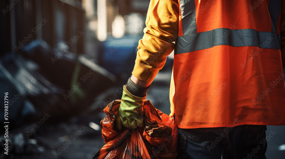 Obraz premium back photography of a worker wearing orange vest and gloves with trash bag created with Generative Ai