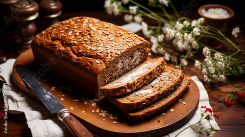 Wholemeal bread with sunflower seeds and flax seeds.