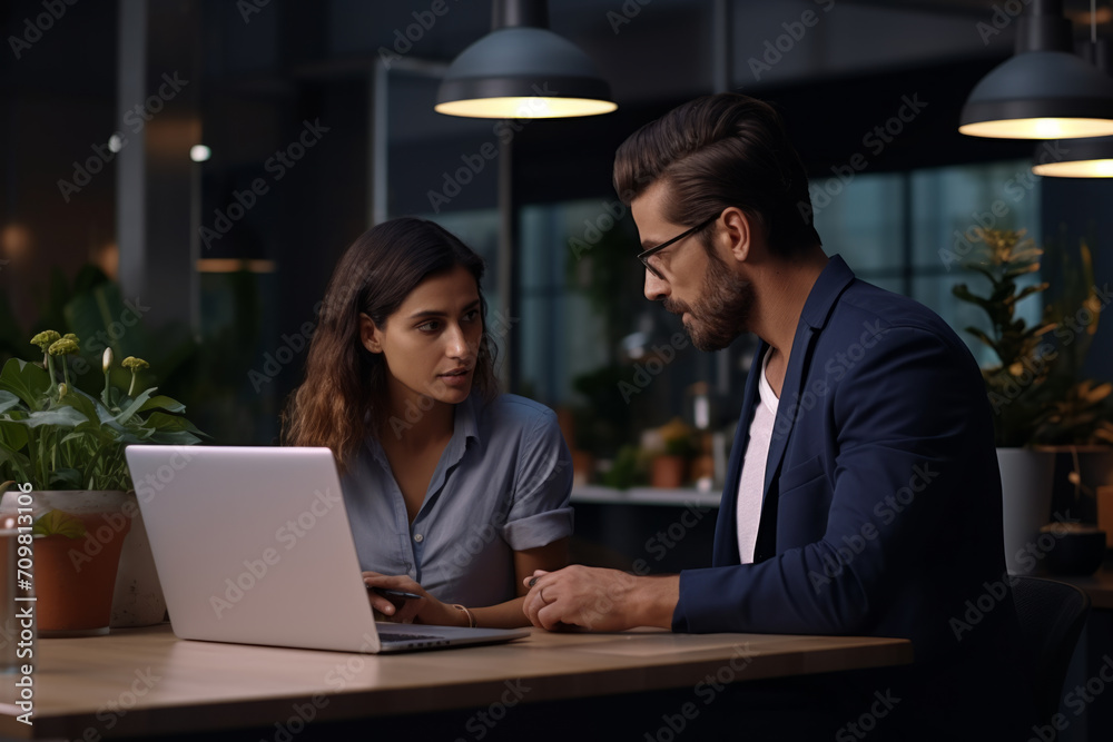 Male CEO and Female Partner Brainstorming in Office Male CEO and Female Partner Brainstorming in Office