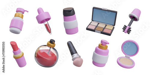 Set with different cosmetics. Bottles with shampoo and soap. Brush for powder and eyeshadow. Open red lipstick, brush for mascara, and pipette with serum. Vector illustration in 3d style