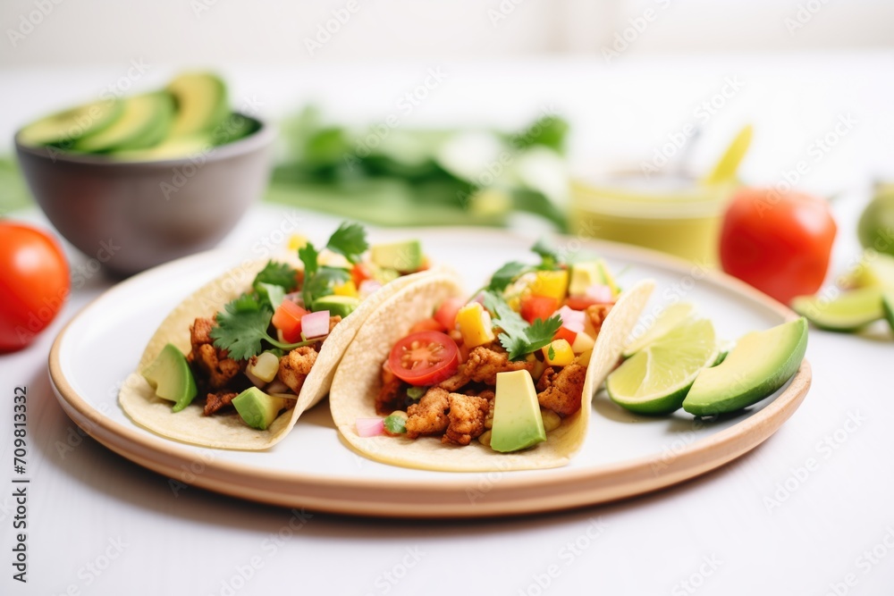 tempeh tacos with avocado and salsa in soft shells