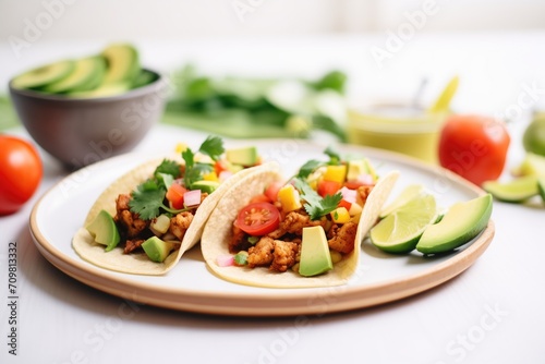 tempeh tacos with avocado and salsa in soft shells