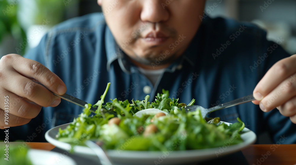 Sad overweight man eating fresh vegetable salad. Diet concept. Sad overweight man eating fresh vegetable salad. Diet concept.