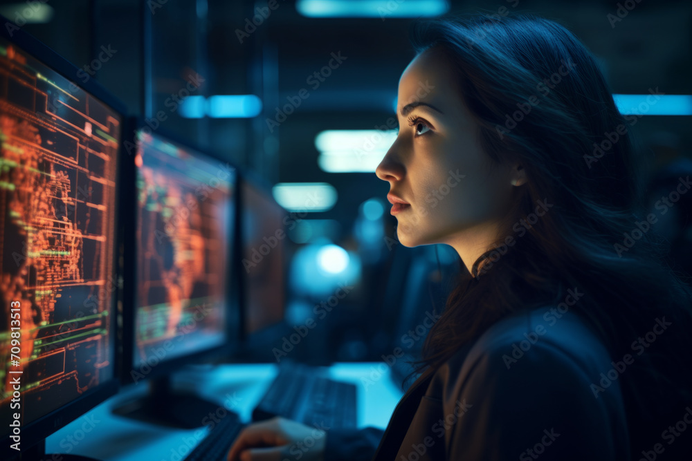 Young female IT programmer in data center Young female IT programmer in data center