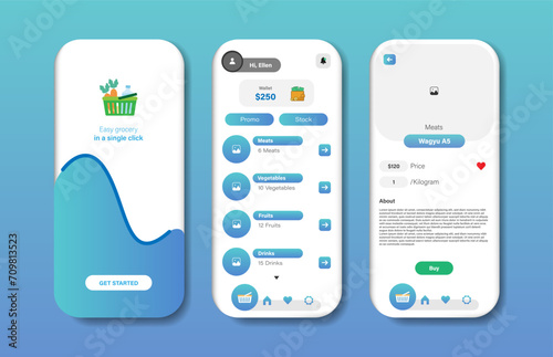 Application to buy groceries. Collection of online grocery store interface templates. Responsive GUI for mobile applications. Vector illustration