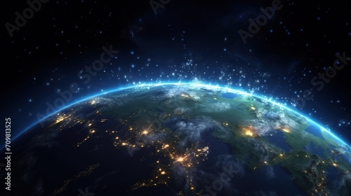 Earth from space. Satellite photo of planet. Night view of globe. City lights from space.