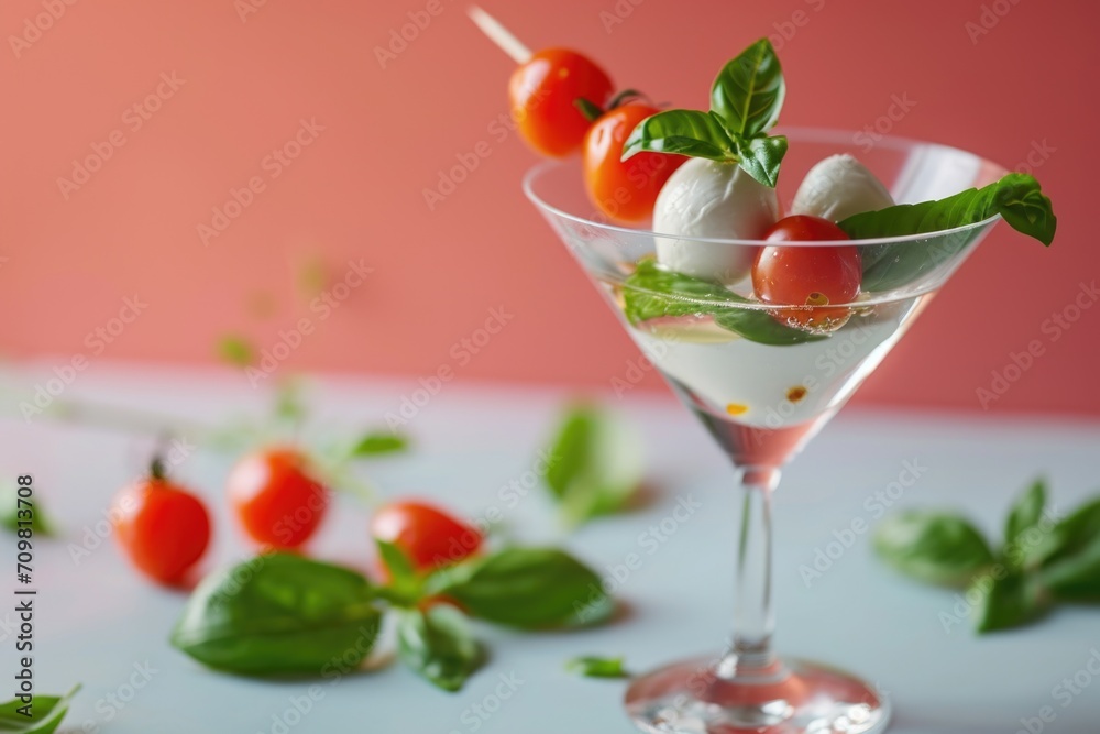 Martini Caprese cocktail with mozzarella cheese, cherry tomatoes and basil in a martini glass. Martini Caprese cocktail with mozzarella cheese, cherry tomatoes and basil in a martini glass.