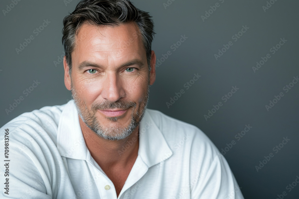 Portrait of handsome mature man smiling at camera against grey background. Portrait of handsome mature man smiling at camera against grey background.