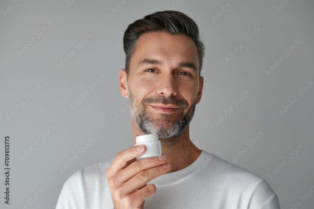 Handsome mature man with jar of cream on grey background, closeup Handsome mature man with jar of cream on grey background, closeup