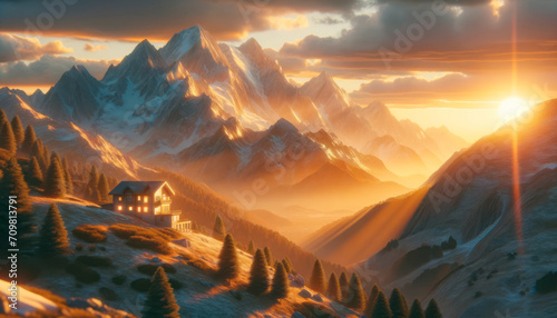 Warm sunset casting golden rays on a snowy mountain retreat. Generative AI © Who is Danny