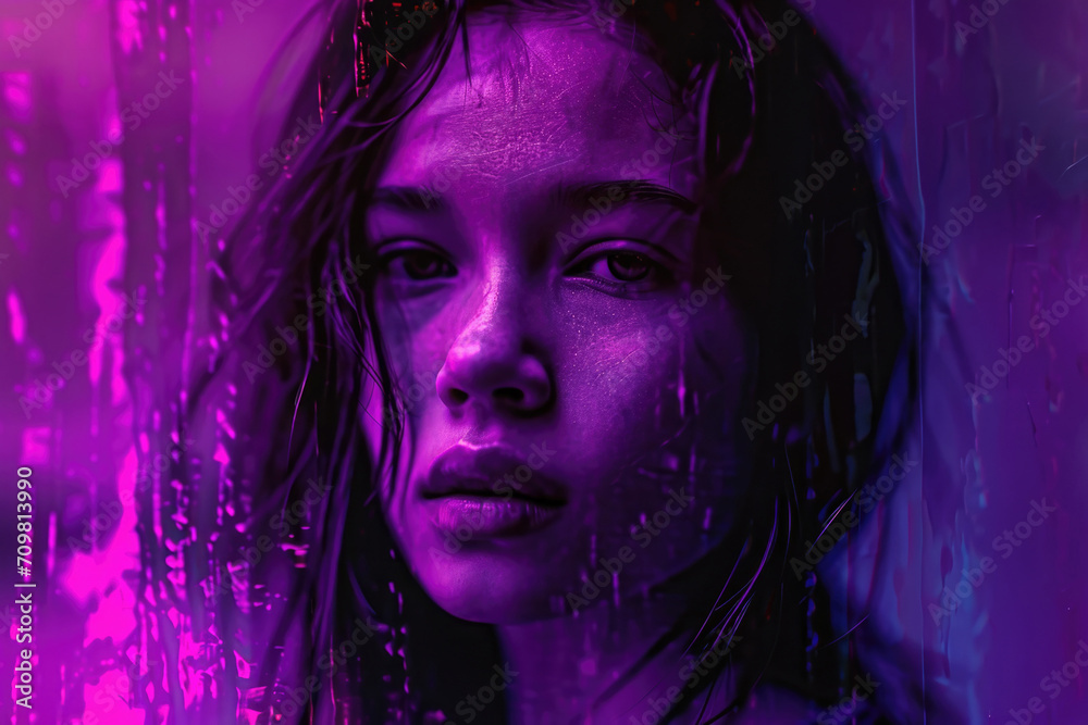 Psychological portrait of a beautiful young woman in neon light with glitch art elements.