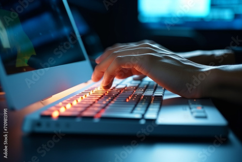 Caucasian man typing data on computer keyboard