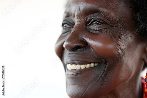 Mature African old lady close up portrait. Senior model woman with grey hair laughing and smiling. Healthy face skin care beauty, skincare cosmetics, dental. 