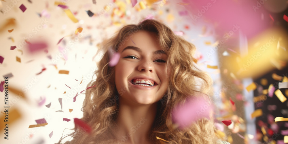 Portrait of beautiful young woman with flying confetti on birthday party Portrait of beautiful young woman with flying confetti on birthday party