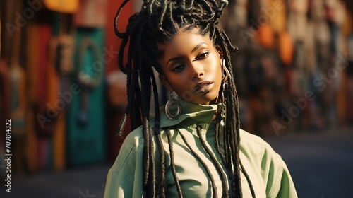 Young african american woman with dreadlocks. Black woman with dreads in the street. Stylish woman. photo
