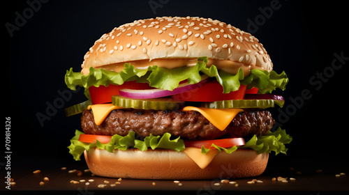 fresh tasty burger on black background generated AI