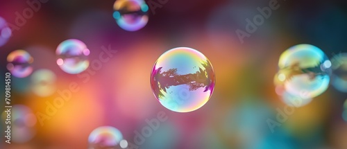 Soap bubbles with a blurred background. Closeup photo of soap bubble. Colorful bubbles for wallpaper