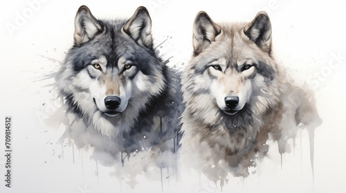 two majestic wolves  their keen eyes gazing into the distance  set against the quiet beauty of a pure white background  capturing the essence of their wild spirit.