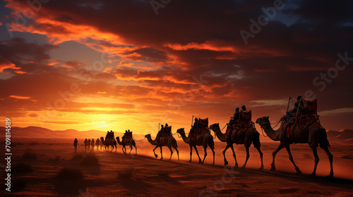 Desert adventure with camels ride and travellers on sand dunes