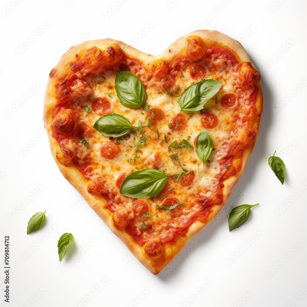 Heart-shaped tegamino pizza with mozzarella cheese and basil on a white background. Heart-shaped tegamino pizza with mozzarella cheese and basil on a white background.