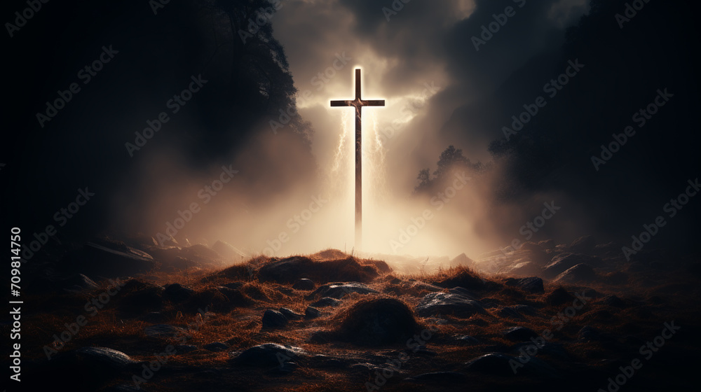 Obraz premium Silhouettes of crucifix symbol on top mountain with bright sunbeam on the colorful sky background