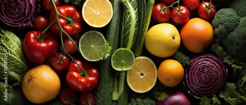 Fresh fruits and vegetables on isolated background. Top view photo of vegetables for wallpaper.