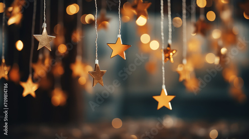 Creative Christmas background with white craft stars hanging photo