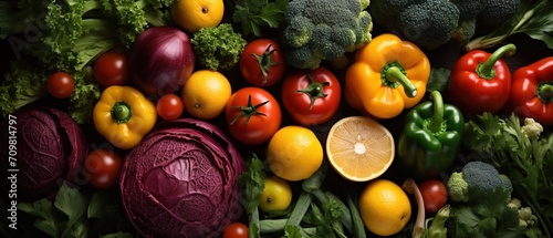 Top view photo of fruits and vegetables for background. Fresh and juicy fruits and vegetables.