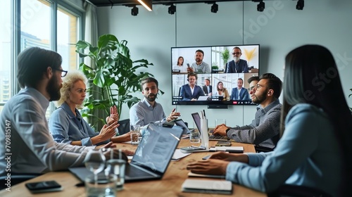 Diverse company employees having online business conference video call on tv screen monitor in board meeting room. Videoconference presentation, global virtual group corporate training, Generative AI