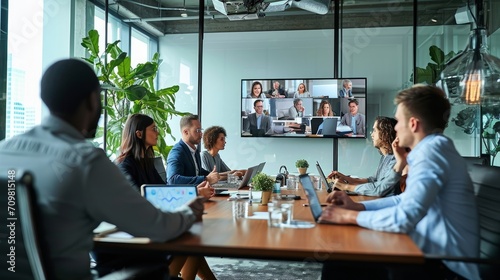 Diverse company employees having online business conference video call on tv screen monitor in board meeting room. Videoconference presentation, global virtual group corporate training, Generative AI