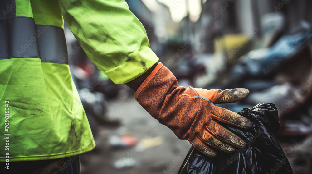 back photography of workers wearing green vest and gloves with trash bag created with Generative Ai