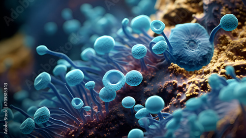 close up of microscopic blue bacteria generated AI