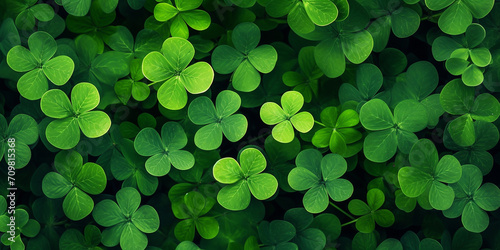 Green background with three-leaved shamrocks  Lucky Irish Four Leaf Clover in the Field for St. Patricks Day holiday symbol