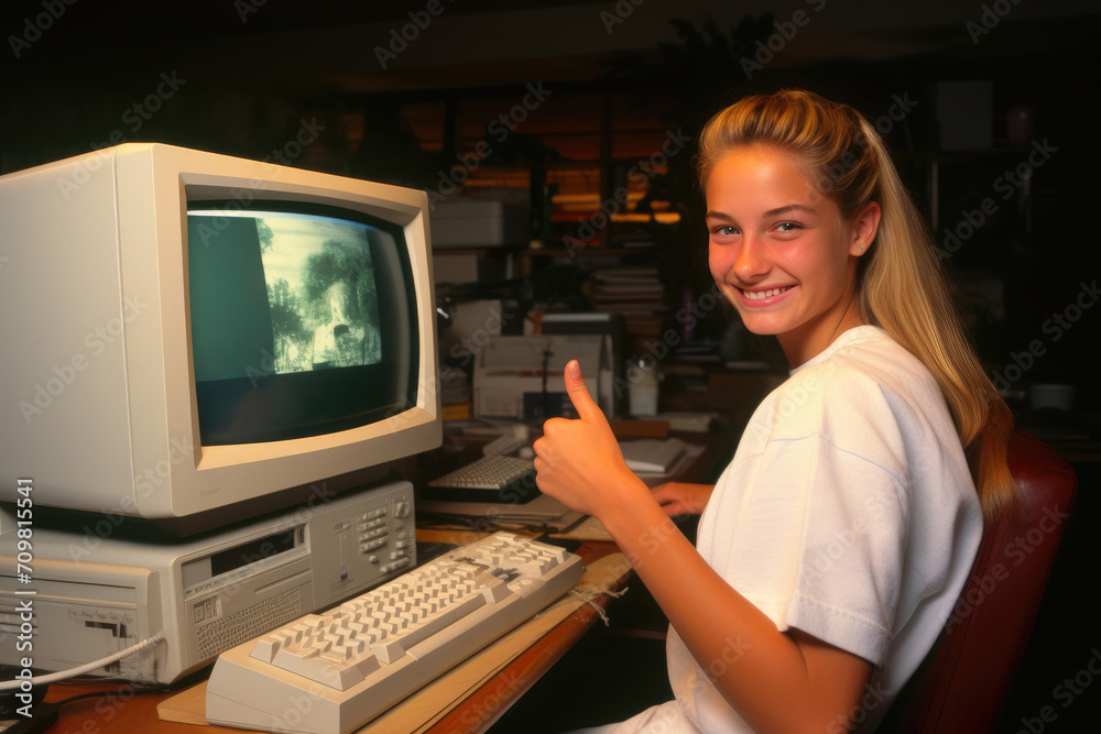 Retro Bliss: Smiling Teen in Front of '90s PC in Attic Setting Retro Bliss: Smiling Teen in Front of '90s PC in Attic Setting